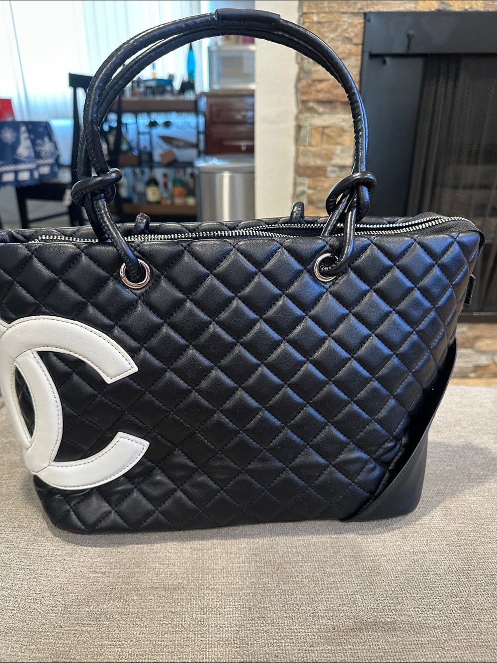 Clearance Black Quilted Tote Bag with White Logo Accent